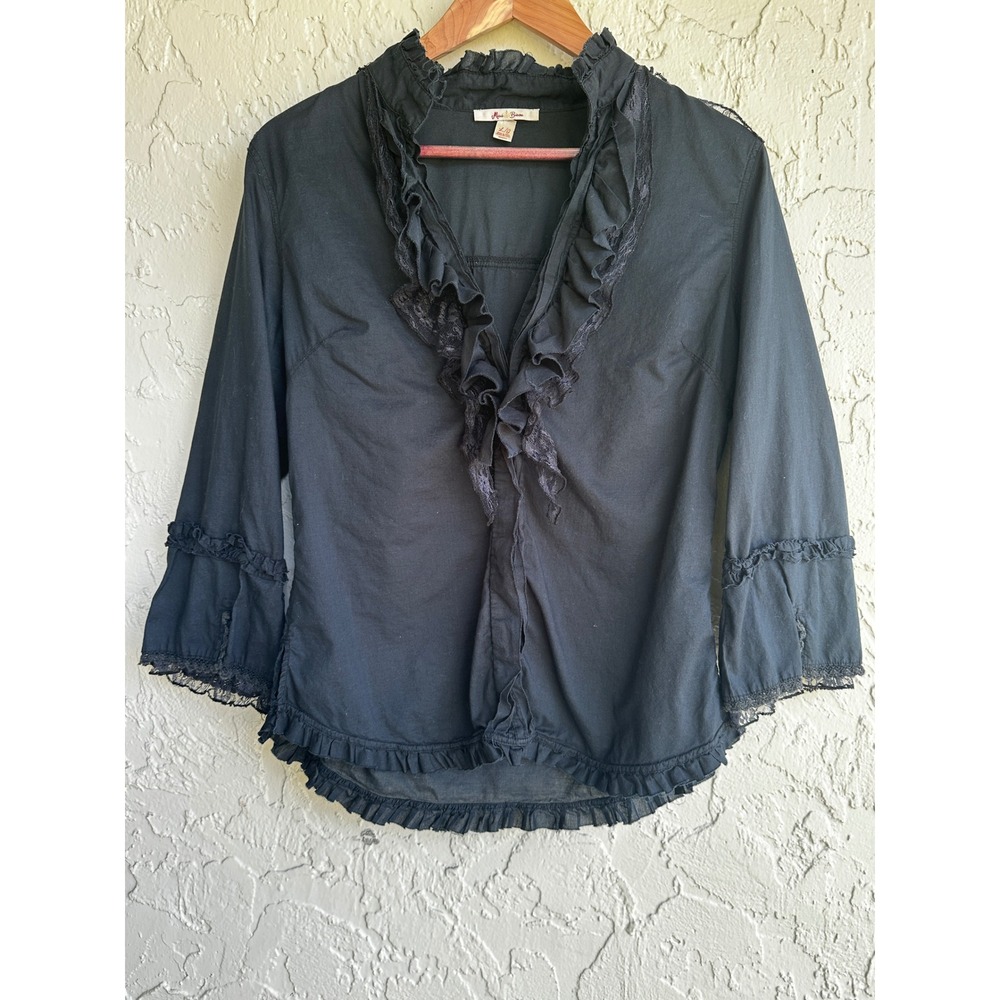 Miss Bisou Black Ruffle Lace V-Neck Blouse Victorian Romantic 3/4 Sleeve Large